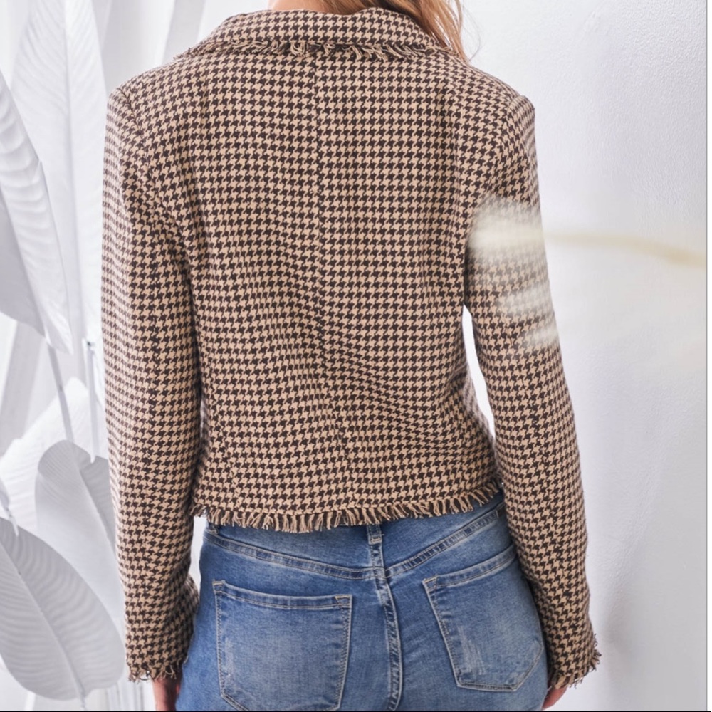Love Riche Tan Brown Houndstooth Frayed Edging Lined Jacket Blazer NWT - Picture 4 of 16
